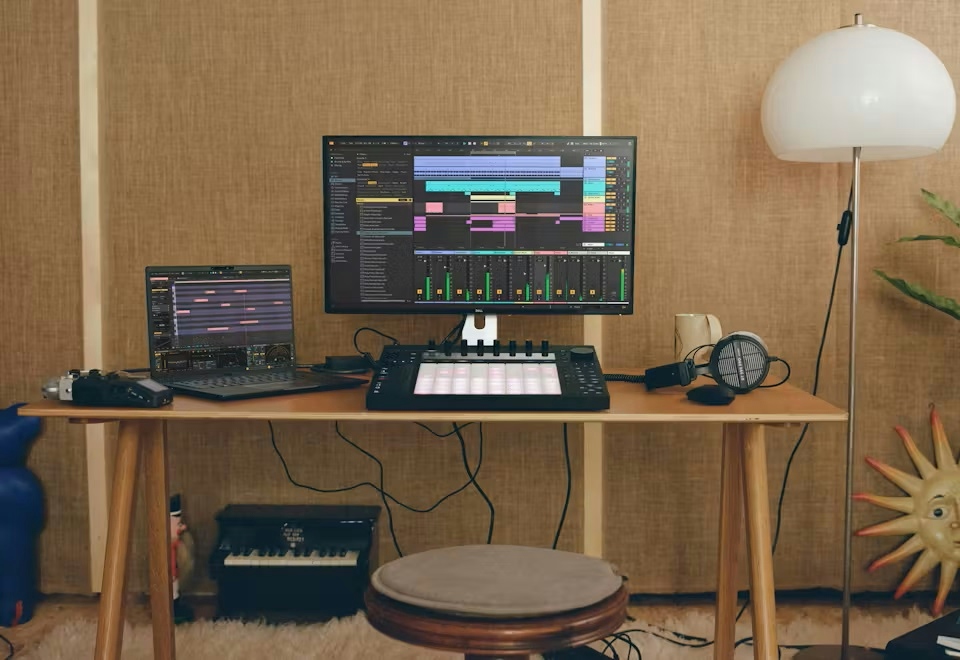 Ableton Live arrangement and mixer on a monitor, with a laptop, Push controller, headphones, and an instrument in a home studio.