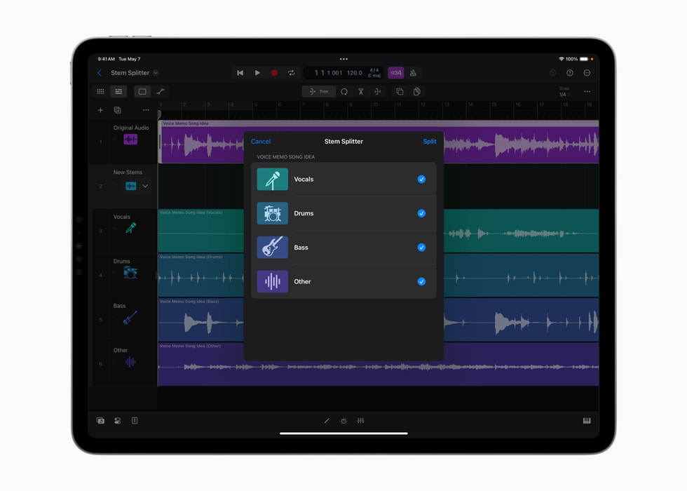 Apple Logic Pro Stem Splitter on iPad, with a mixed recording and the Vocals, Drums, Bass, and Other options.
